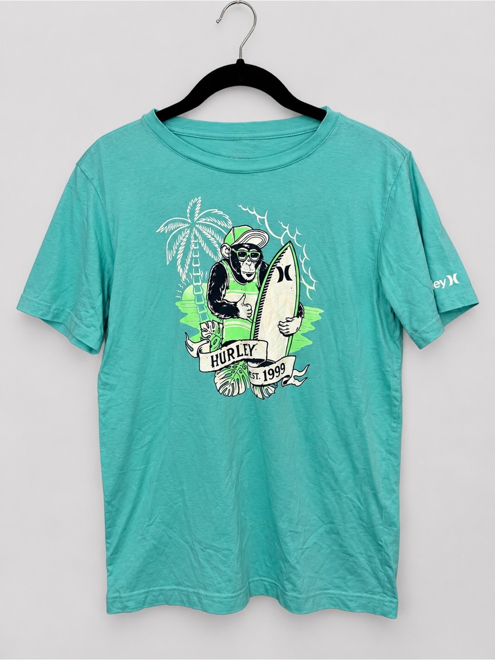 Hurley Boys XL 13/15 Turquoise Surf Monkey Graphic T-Shirt Short Sleeve